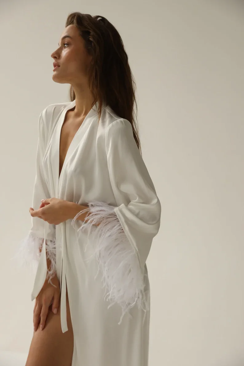 Bride Robe with Feather Sleeves White Boudoir Long Silk Robe Bridal Lace Dressing Gown Sheer Satin Robe Bridesmaid Gift