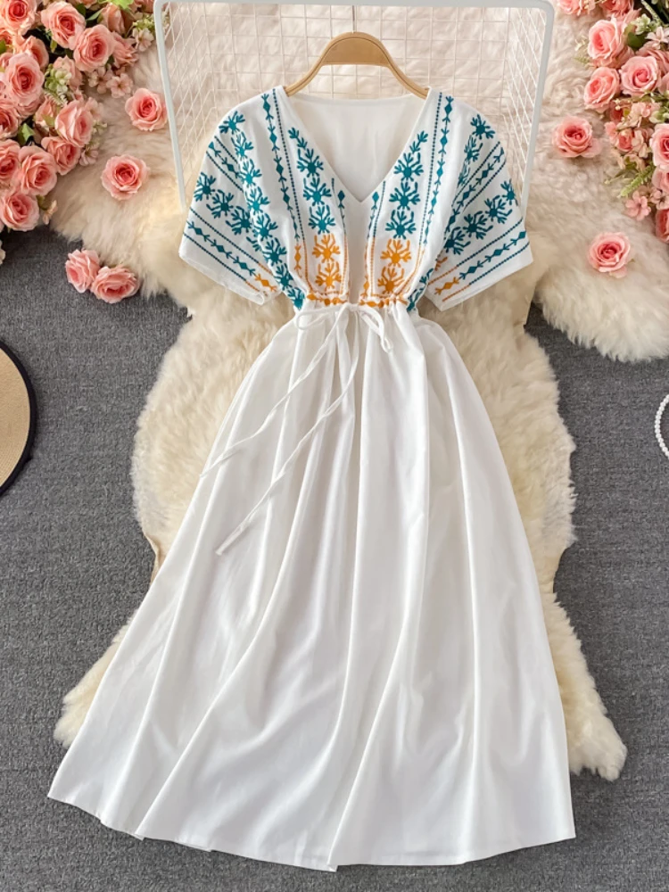 

LY VAREY LIN New Summer Embroidery Beach Style Dress Women Casual V-neck Short Sleeve Long Dress Lady Lace-up Bohemian Dress