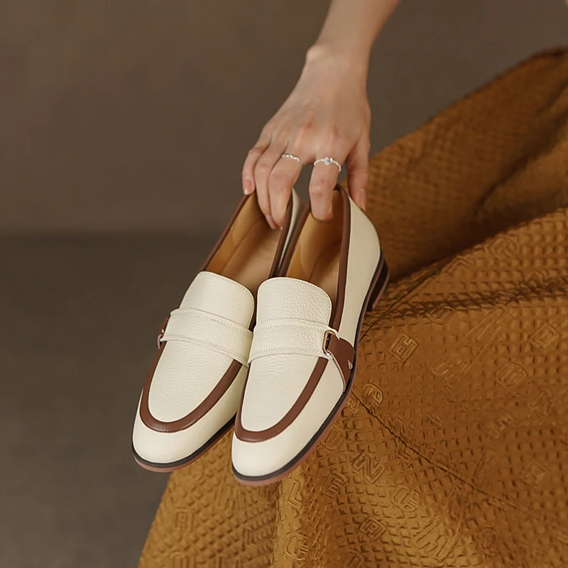 Concise Comfortable Women Flats Working Casual Metal Buckle Mixed Colors Genuine Leather Shoes Woman 2023 Spring Summer New