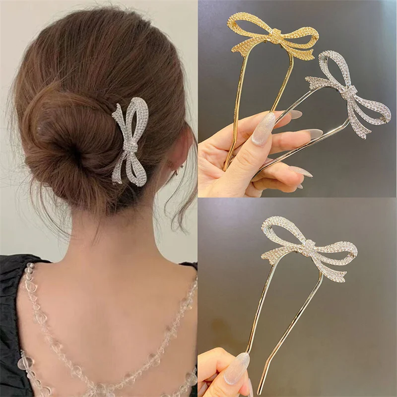 

Elegant Women Bowknot U Shape Rhinestone Hairpins Metal Hair Sticks Hairclip Bridal Wedding Banquet Hair Accessories Headwear