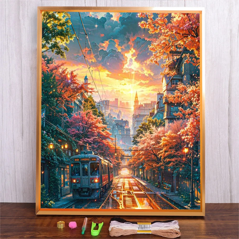 Стартовые наборы для вышивания с рисунком пейзажа заката и инструкциями Цветные