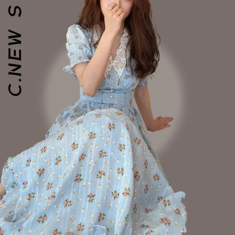 

C.New S Lace Chiffon Korean Party Dress Puff Sleeve V Neck Midi Dress Elastic Chic Sexy Dress Club Lazy Female Dress Woman