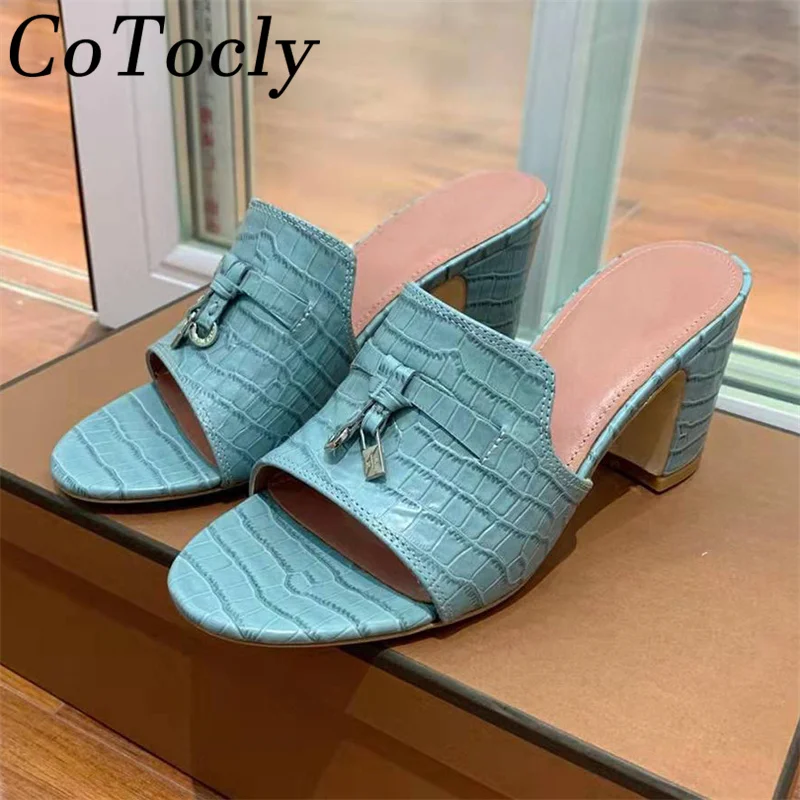 

Summer Mules High Heels Women Metal Lock Decoration Slides Woman Peep Toe Square Heels Modern Slippers Women Zapatillas Mujer