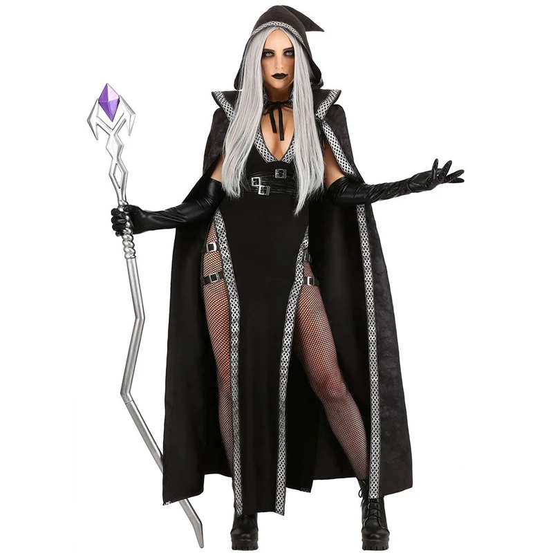 

Carnival Halloween Lady Creepy Witch Costume Medieval Gothic Hooded Cape Wizard Roleplay Cosplay Fancy Party Dress