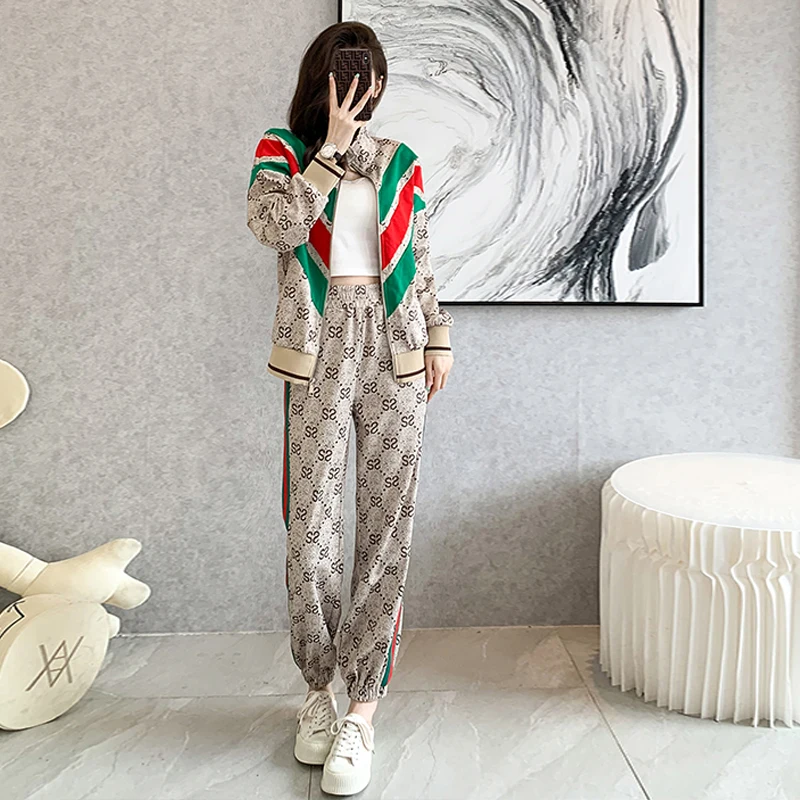 

Ladies Sport Suit Long Sleeve Zipper Top Jacket and Pants 2 Piece Winter Women Wear Grey High Level Ourdoor Casual