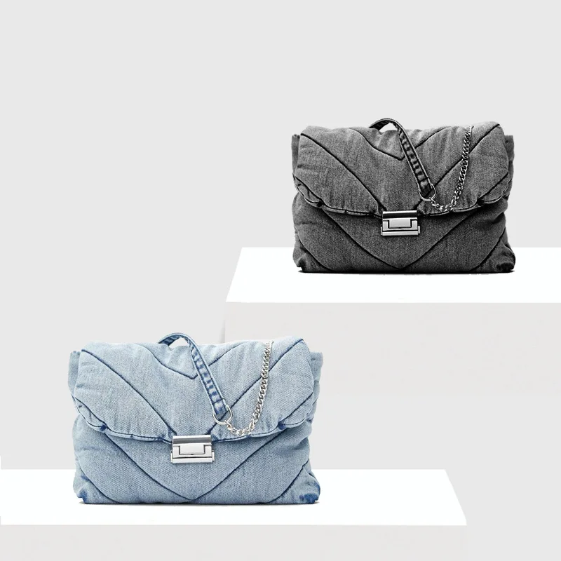 

Denim Women's Bag Quilting Women's Handbag Solid Fashion Women Shoulder Bag Metal Chain Lady Totes Flap Lady Bags For Women 2020