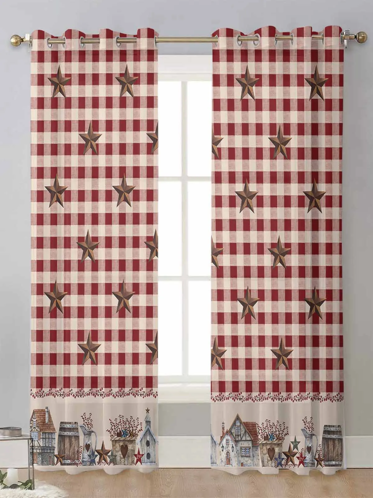 

Country Star Berry Retro Red Plaid Sheer Curtains For Living Room Window Voile Tulle Curtain Cortinas Drapes Home Decor