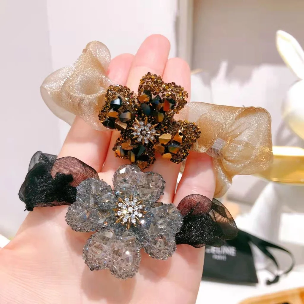 

Rhinestone Four-Leaves Clover Organza Hairtie Fashionable Classy High Ponytail Rlastic Rubber Bands Super Fairy Hair Accessories
