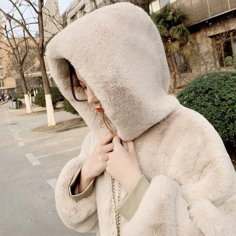 Fur Coat New Women Long Sleeve Winter Fluffy Thick Warm Faux Rabbit Hooded Fur Jacket Coats Black Fashion Outwear High Quality