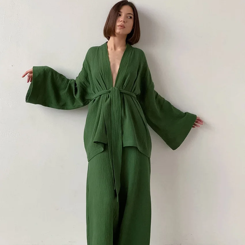 

100% Cotton Women's Nightgown Robe Pajama Sets Flare Solid Trouser Suits Drop Sleeves Set Woman 2 Pieces Bathrobe For Autumn