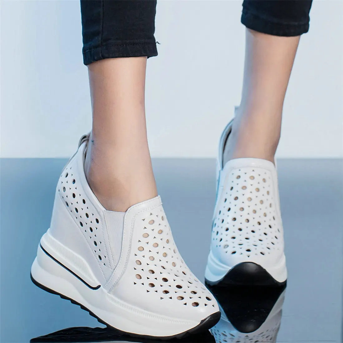 12cm High Heels Platform Shoes Women Hollow Genuine Leather Wedges Pumps Female Summer Round Toe Fashion Sneakers Casual Shoes