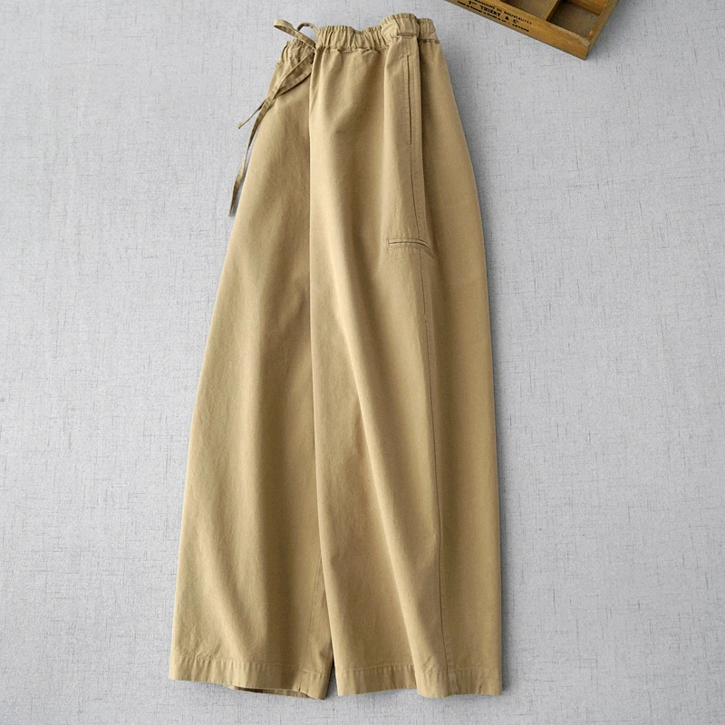 60-90cm Waist, 97cm Length / Spring Women Loose Comfy Breathable Water Washed Cotton Trousers Elastic Waist Straight Pants