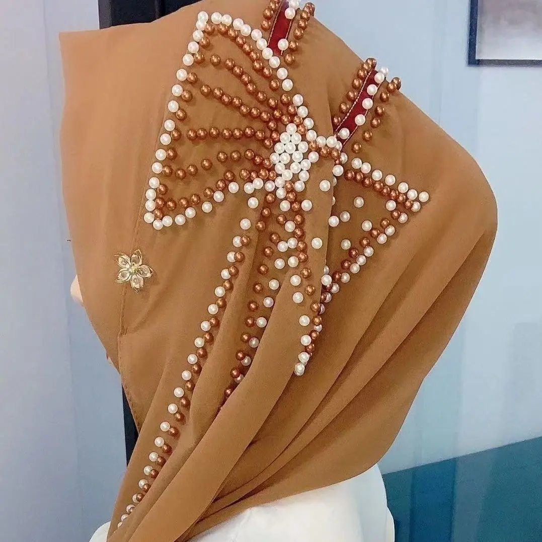 Butterfly Pearl Bubble Chiffon Hijab Muslim Woman Veil Long Musulman Femme Shawl Soft Instant Hijabs for Women Full Cover Scarfs