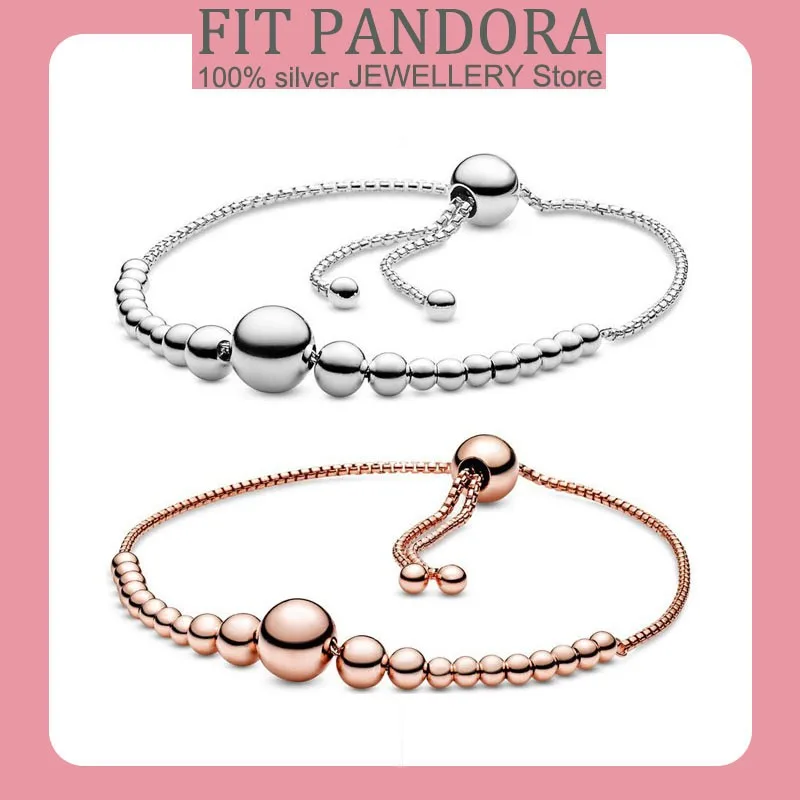 

S925 Sterling Silver Shining Simple Beaded Automatic Adjustment Bracelet For Women Fit Original Women's Charm Beads Jewelry Gift
