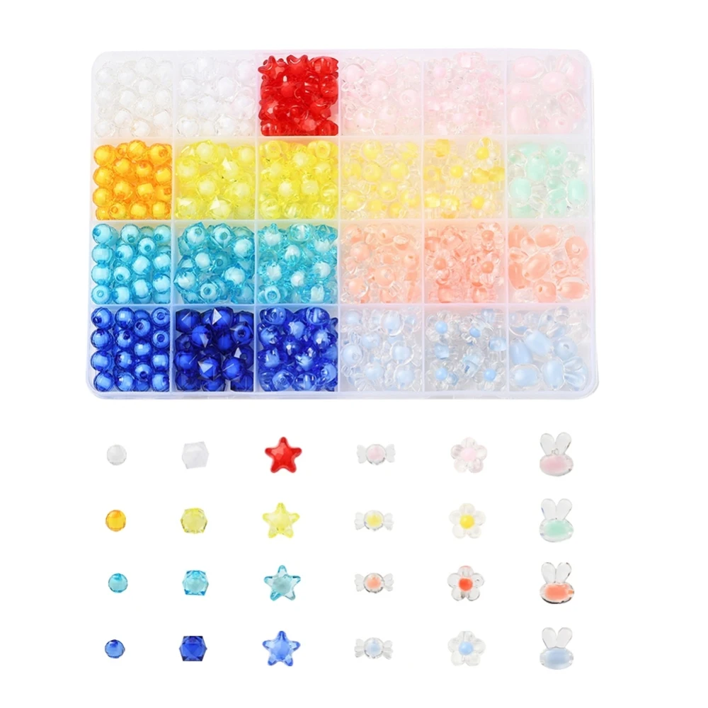 

1Box 392Pcs 24 Style Transparent Acrylic Beads Bead in Bead Flower & Candy & Rabbit & Cube & Star & Round Mixed Color 392pcs