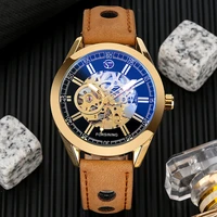 business automatic mechanical watch for men engraved antique brown strap fashionable sports man wristwatch birthday for husband