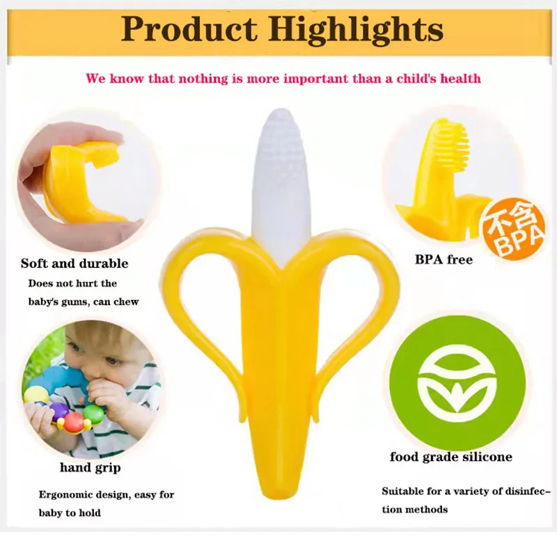 

Baby Silicone Training Toothbrush BPA Free Banana Shape Safe Toddle Teether Chew Toys Teething Ring Gift Infant Baby Chewing
