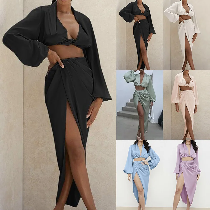 

Sexy Slit Deep V-neck Solid Dress Sets 2022 Newest Autumn Navel Short Long Sleeves Top Nightclub Party Hot Girl Folds Long Dress