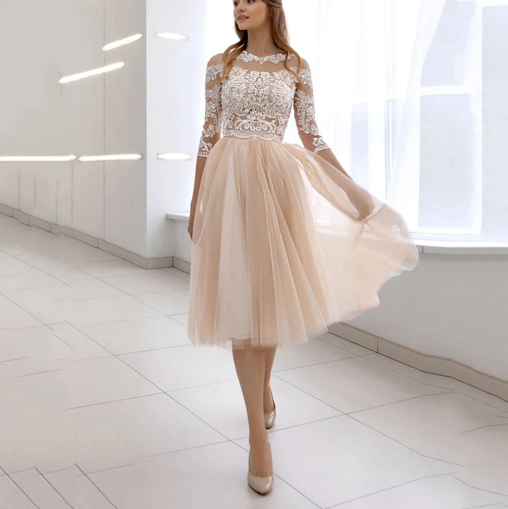 

Short Wedding Dress With Lace Appliques A-Line Scoop Neck Three Quarter Bridal Gowns Button Tulle Vestido De Novia