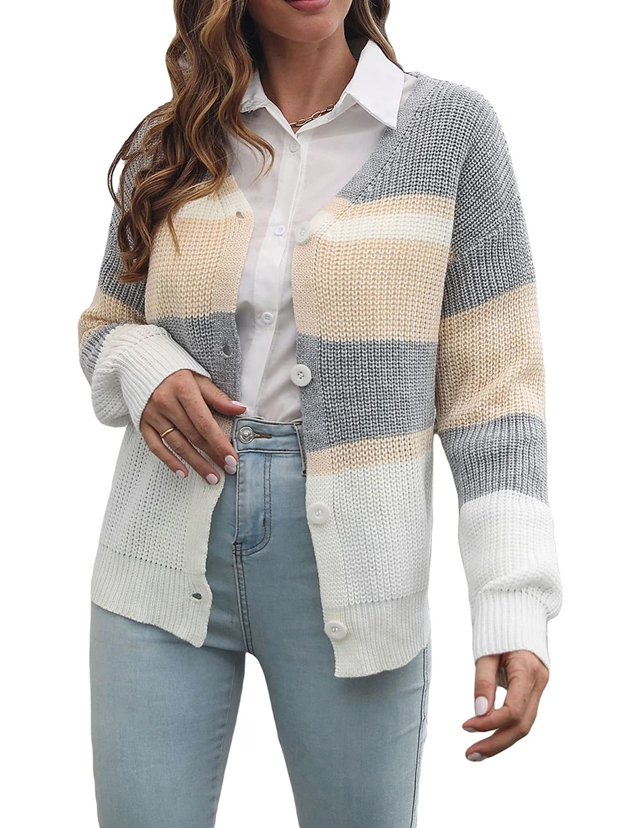 

Txlixc свитера для женщин осень зима 2022 2023 Вязаный Кардиган с длинным рукавом V-образным вырезом полосатый мягкий свитер