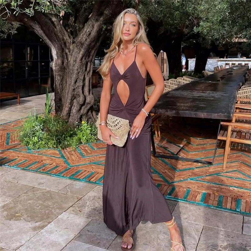 

BoozRey Elegant Cut Out Ruched Brown Summer Dress for Women Party Club Vestido Sexy Backless Draped Maxi Dresses Clothes