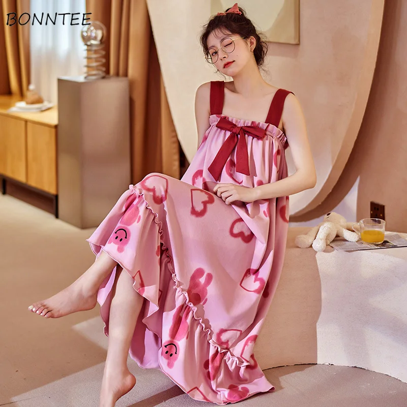 

Nightgowns Women Heart Print Bow Sleeveless Home Cozy Soft Leisure Kawaii Design Princess Fashion Sweet Young Girlish Ulzzang