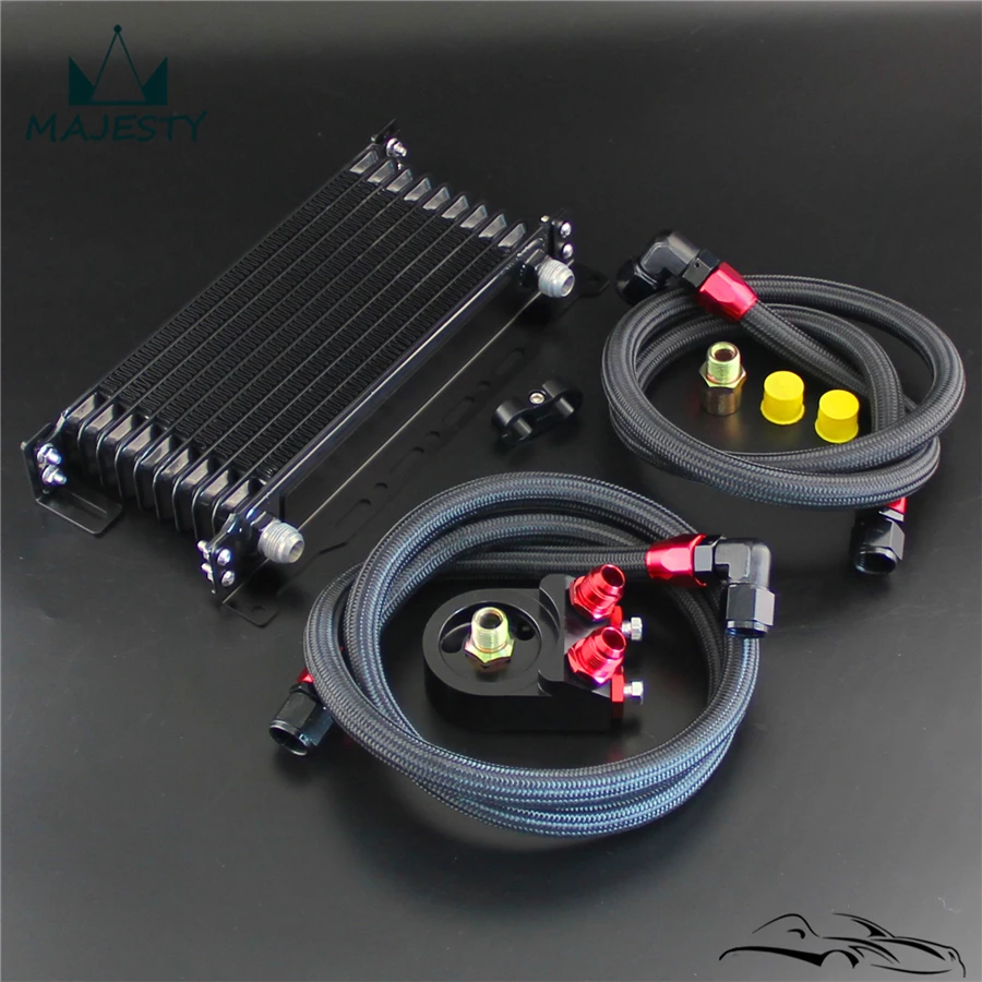 

10 Row Trust Oil cooler w/Bracket + Filter Adapter Hose Kit For Japan car Black