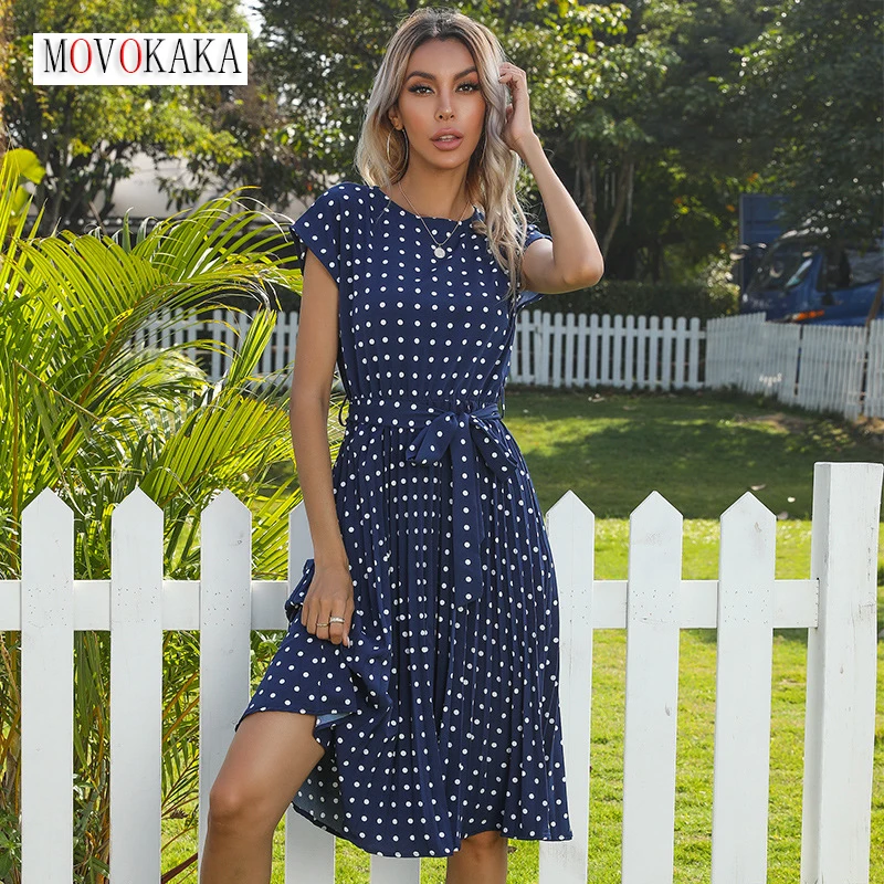 

MOVOKAKA Summer Blue Polka Dots Folds Dress Women Casual Elegant Flying Sleeve O Neck Office Lady Vestidos Party Midi Dresses