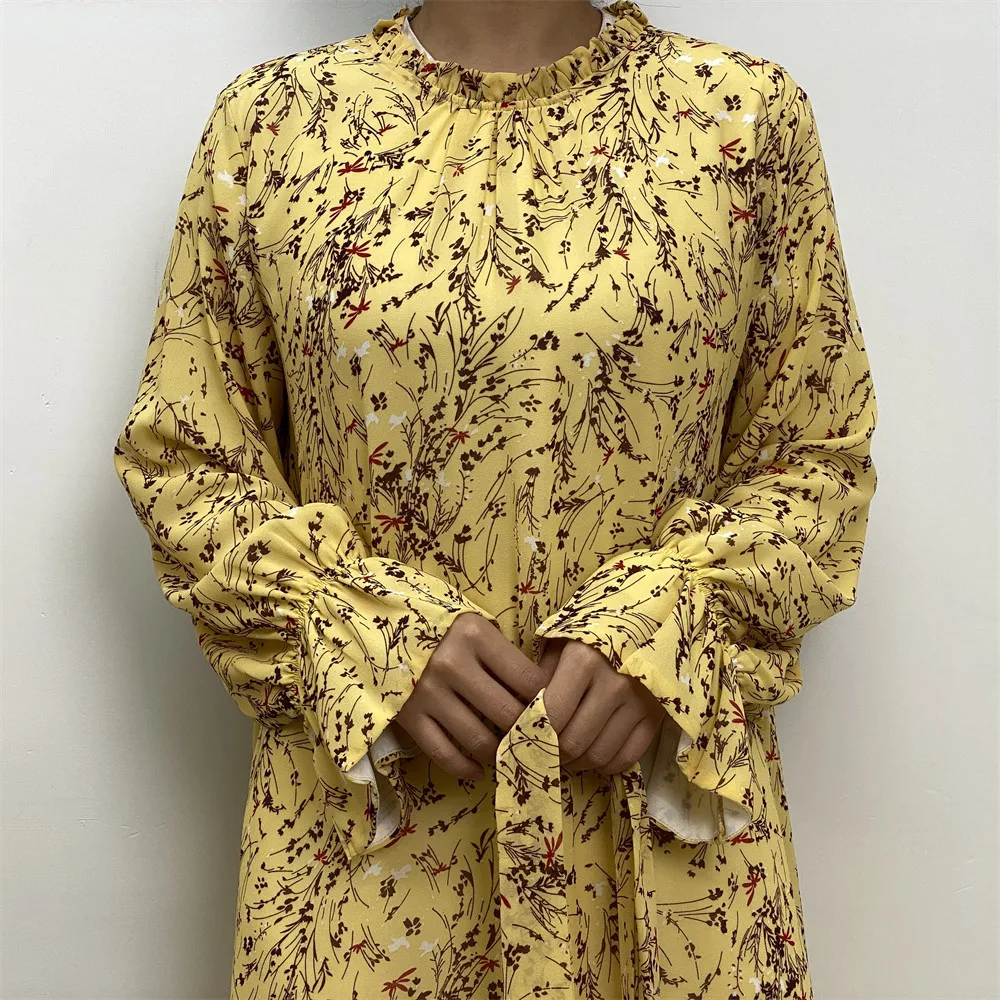 Spring 2023 New Luscious Muslim Print Bell Sleeves Lined with Stylish Chiffon Dress Abayas for Women Muslim Dress