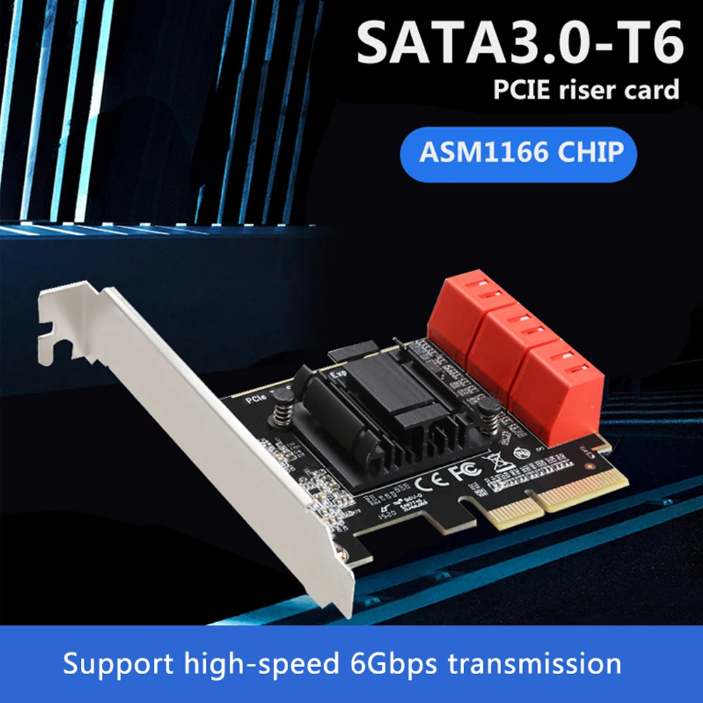 

Чип ASM1166, 6 портов, SATA 3,0 на PCIe, плата расширения PCI-e 4X SATA, адаптер SATA 3, карта преобразователя