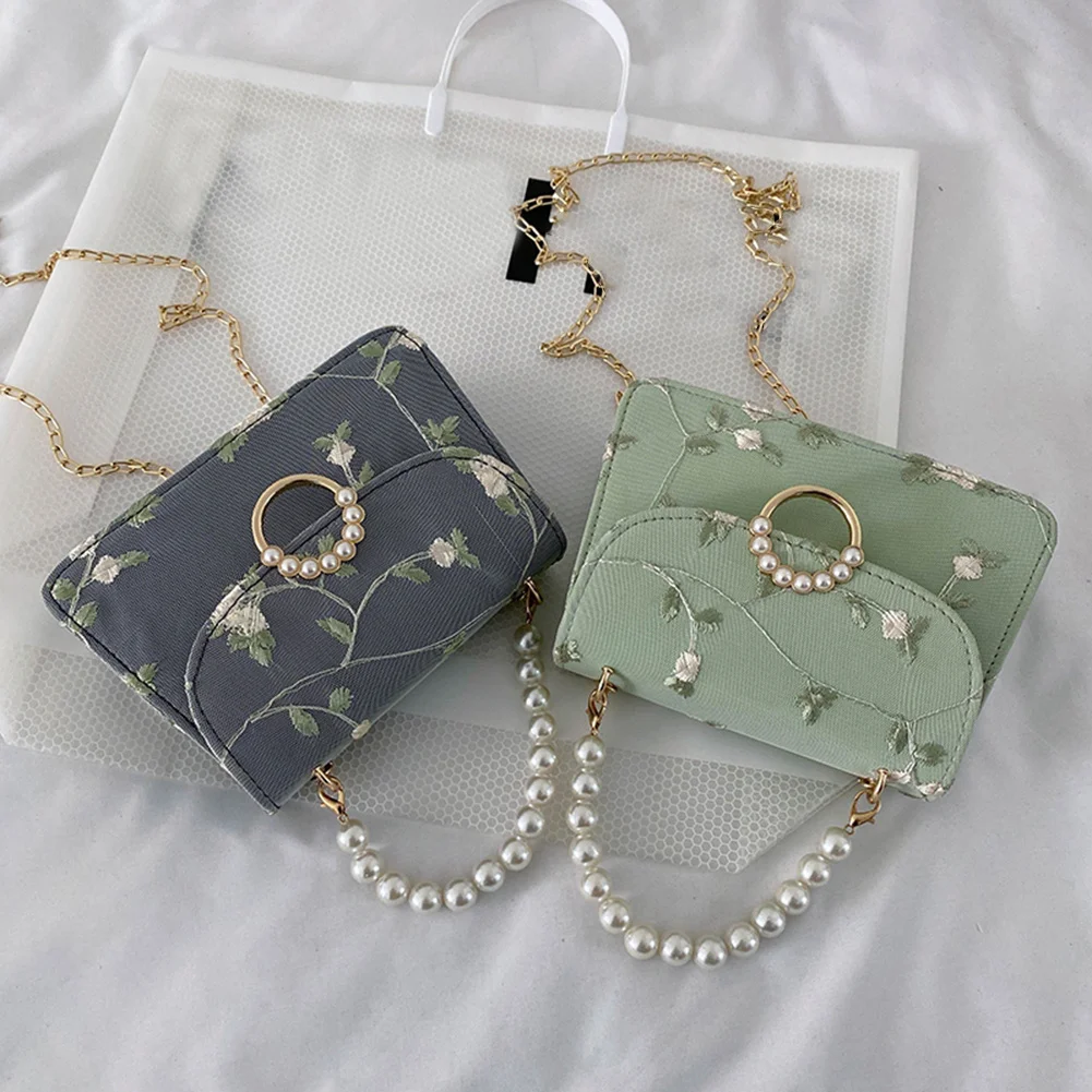 

Women PU Net Yarn Flower Embroidery Shoulder Bags Messenger Bags Vintage Pearl Chain Handbags Female Fashion Flap Bags
