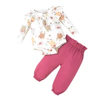 infant baby girl clothes wholesale 2pcs newborn autumn winter long sleeve ruffles animals print romper top pants set outfits