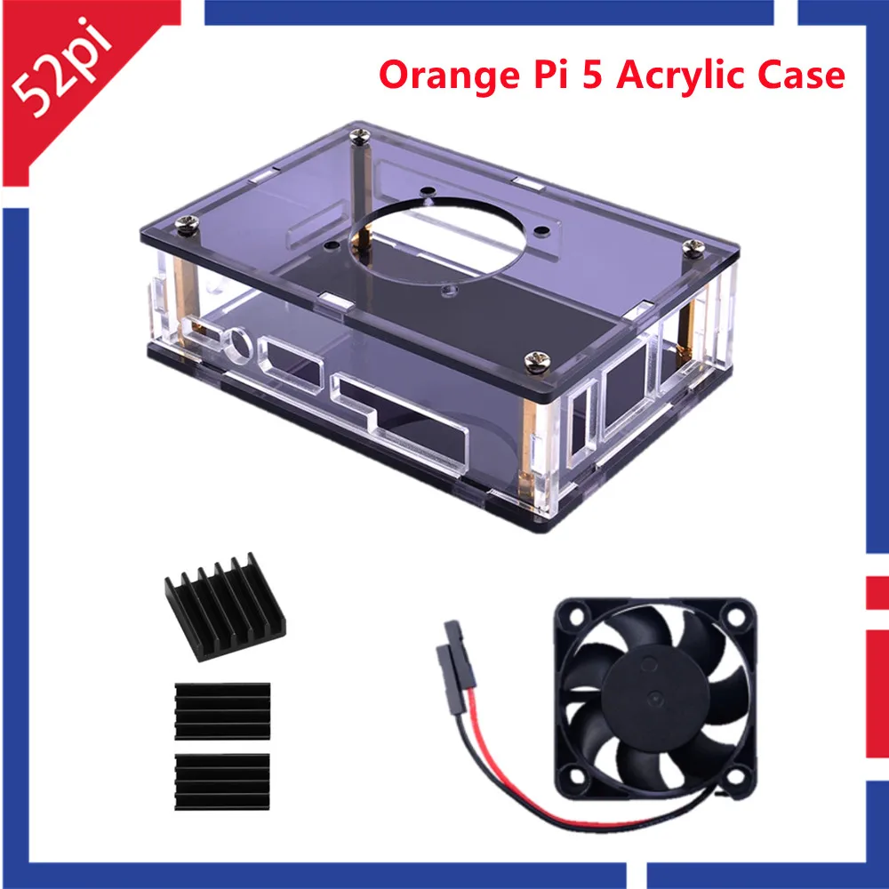 

52Pi Orange Pi 5B Acrylic Case Starter Kit with Silent Fan Heatsinks and TF Card HDMI for Orange Pi 5 /5B