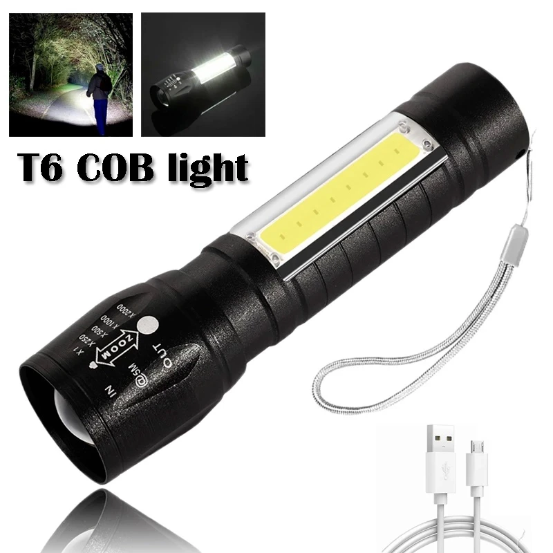 

Portable T6 COB Flashlights LED USB Rechargeable Waterproof Tactical Flashlight Work Light with 3 Mode Torch For Outdoor Camping