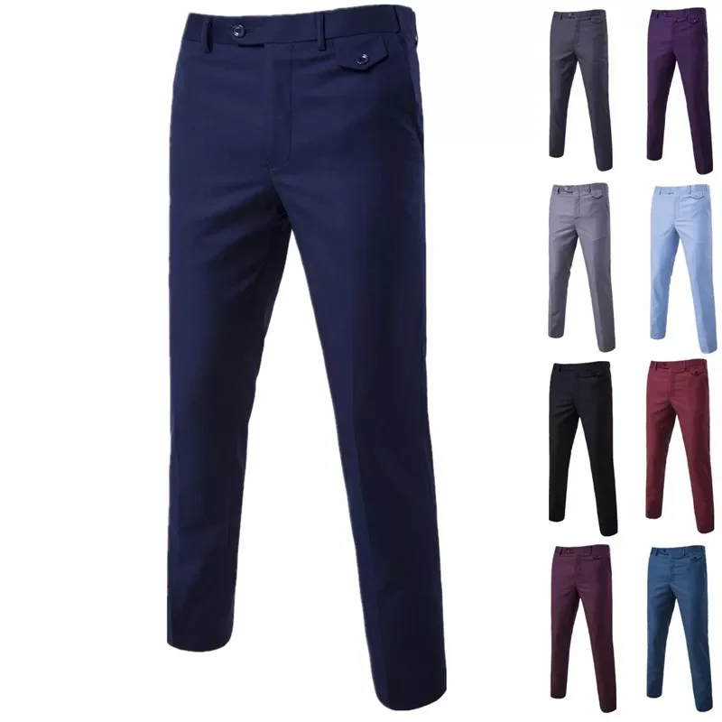 

(9 colors) Boutique men's solid color slim suit pants 2019 casual business office trousers men's groom wedding dress suit pants
