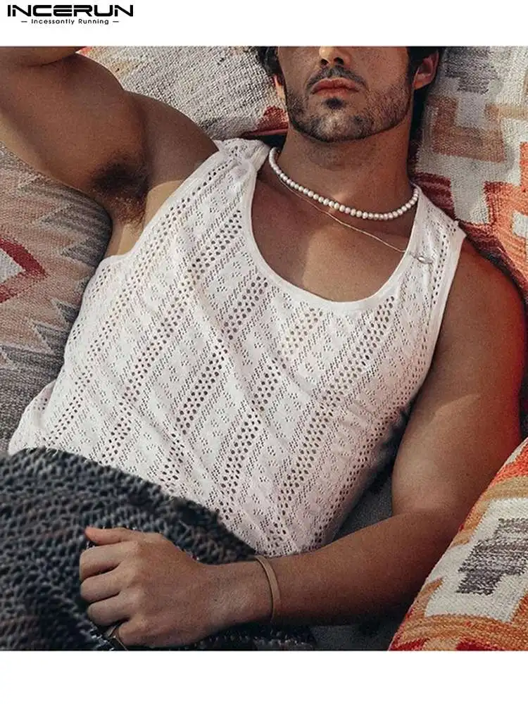 

Топы INCERUN 2022 в американском стиле, мужской сексуальный кружевной жилет для отдыха, стильные мужские майки для отпуска, Повседневная Уличная ...