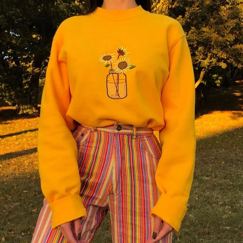 

Уличная одежда в Корейском стиле Y2k 90-х, женские свитшоты с принтом подсолнуха, новинка 2023, Осенние Пуловеры с круглым вырезом в европейском и американском стиле
