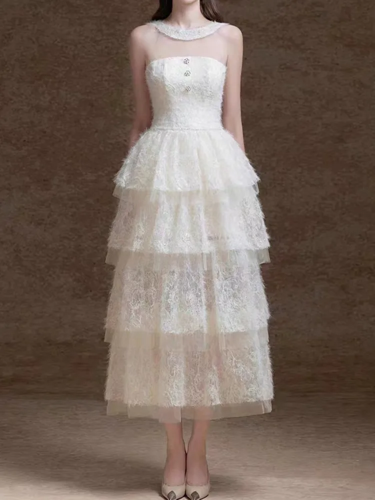 Женское платье без рукавов DEAT элегантное газовое с вышивкой круглым вырезом и