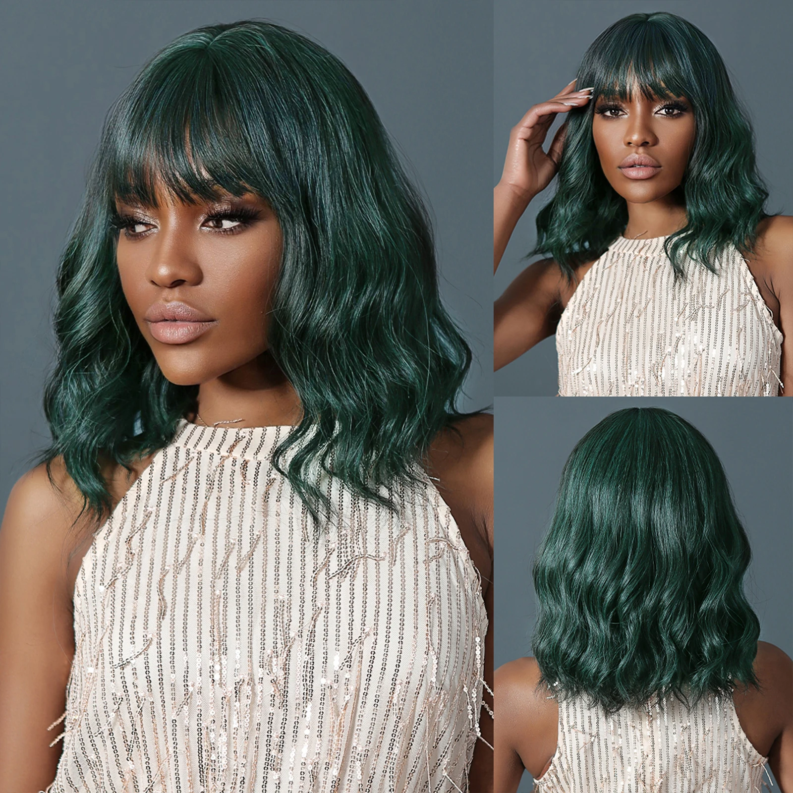 

Short Wavy Bob Synthetic Wig Blackish Green Wigs for Black Women Cosplay Party Colored Hair with Bangs Heat Resistant Hair