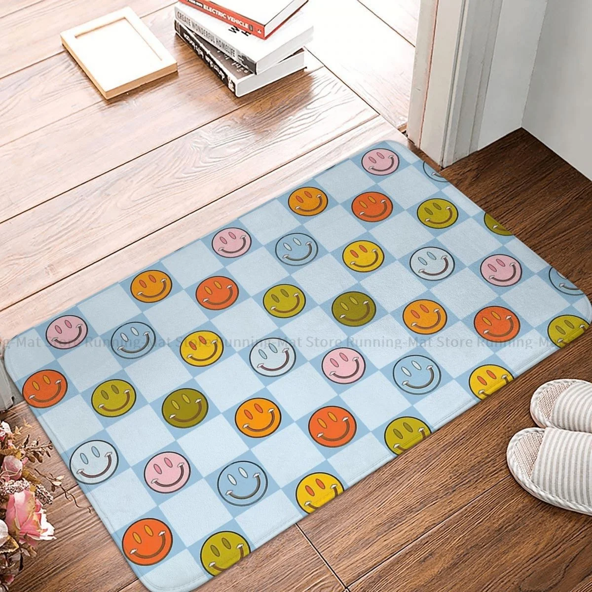 

Bath Non-Slip Carpet Rainbow Smiley Face Print In Blue Living Room Mat Welcome Doormat Floor Decoration Rug