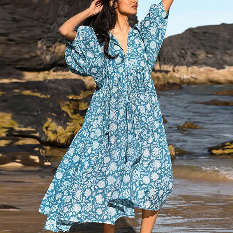 

Модное Повседневное платье с цветочным принтом и рукавами-фонариками, элегантное плиссированное платье с V-образным вырезом на шнуровке, женское праздничное пляжное платье с высокой талией