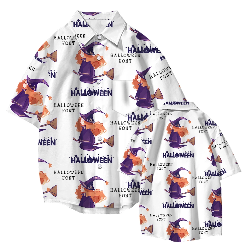 Men Vintage Shirts 2022 Summer New Hawaiian Short Sleeve Tops Halloween Witch Cartoon Printed Beach Casual Oversized Clothing