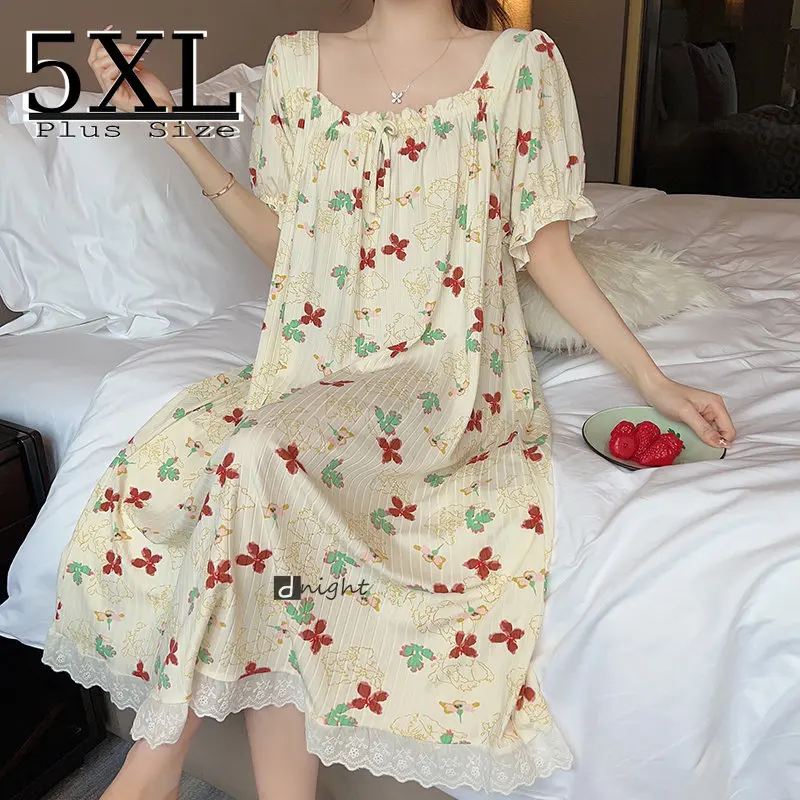 

Plus Size Sleepwear Women Print Nightgowns Pajamas Night Dress Cotton Night Dress Short Sleeve Nightwear 5XL Nightie Loungewear