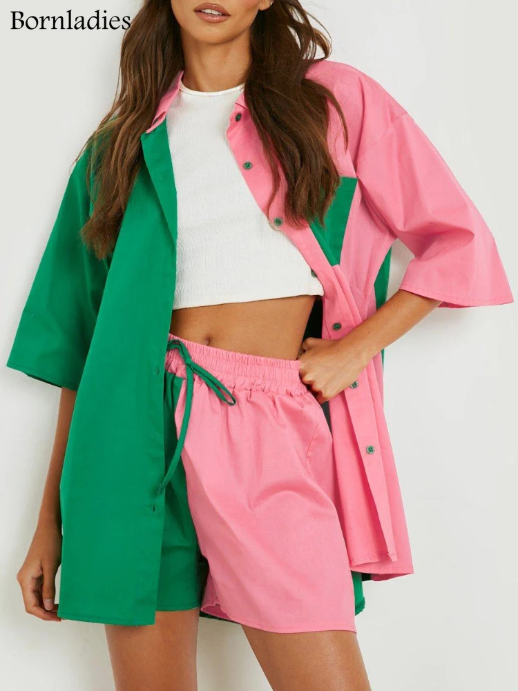 

Женский комплект из двух предметов Bornladies, короткий комплект из двух предметов, летняя комбинированная зеленая и розовая рубашка оверсайз + ...