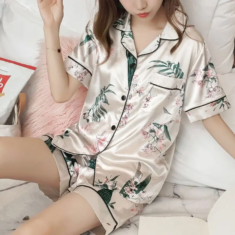Korean Pajamas Women's Summer Ice Silk Short Sleeve Two-Piece Set Artificial Silk Thin Student Suitable for Daily Wear Suit Home