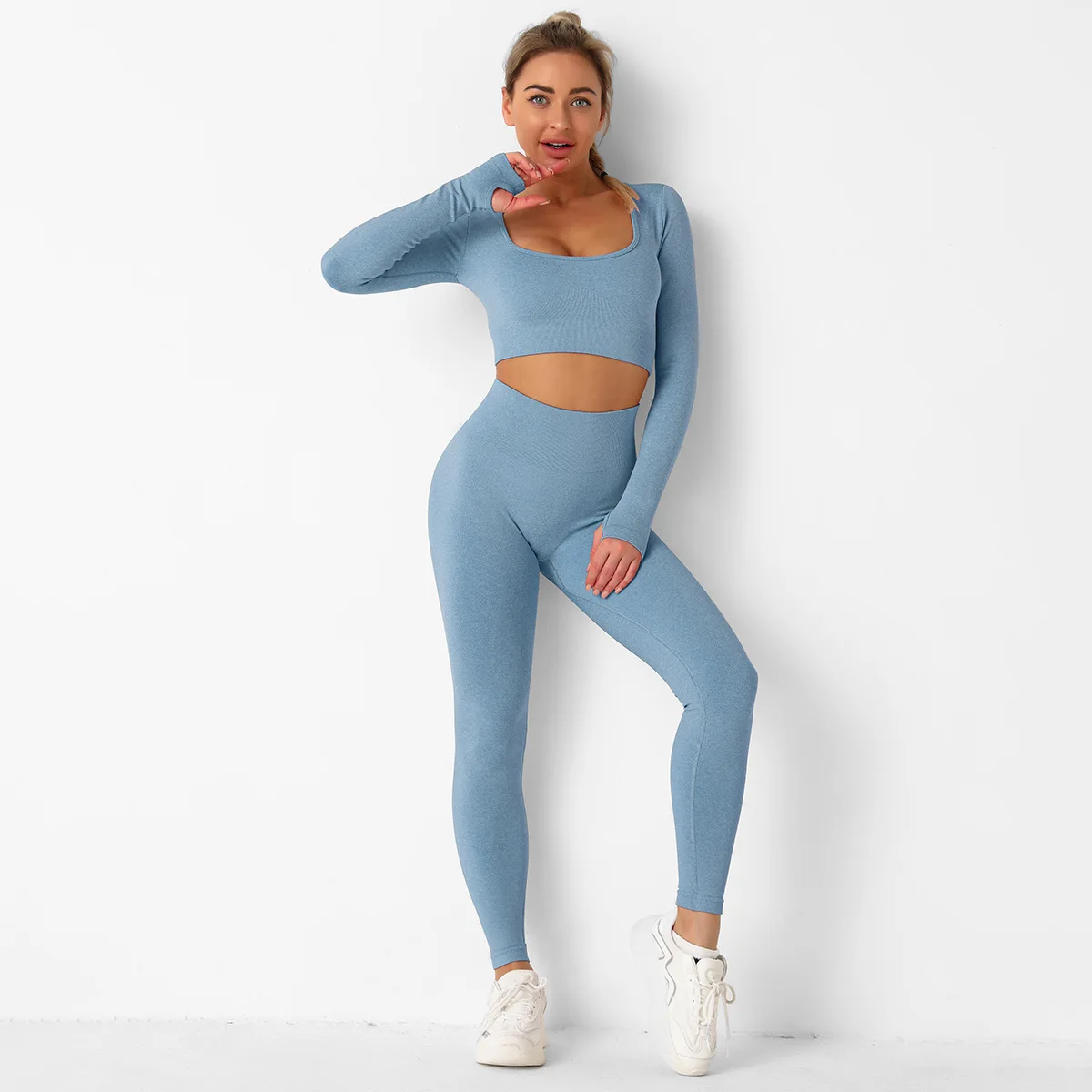 

Yoga Leggings Woman Seamless Yoga Set 2PCS Gym Clothes Long Sleeve Crop Top Shorts Fitness High Waist Leggings Sports Suit