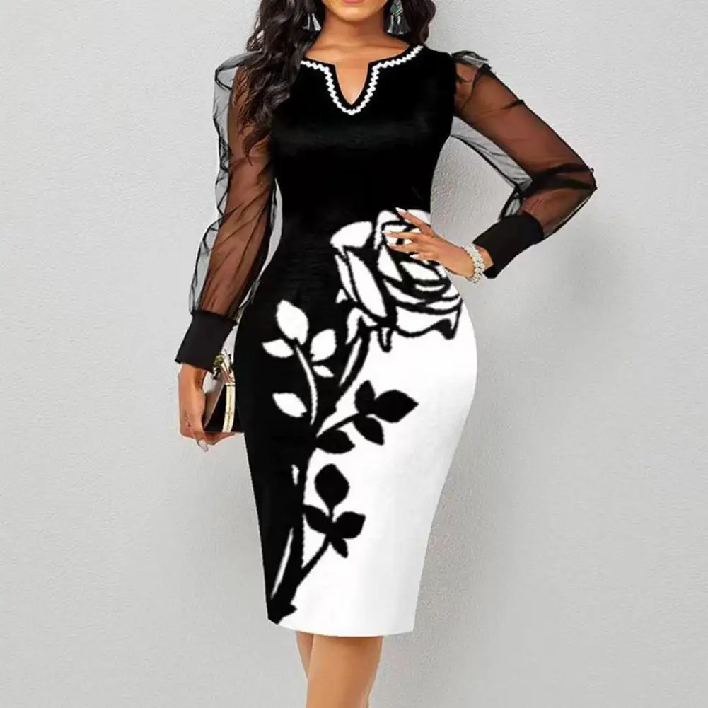 

Women's Prom Party Dress V Neck Floral Print Color Block Slim Fit Elegant Party Dress For Women