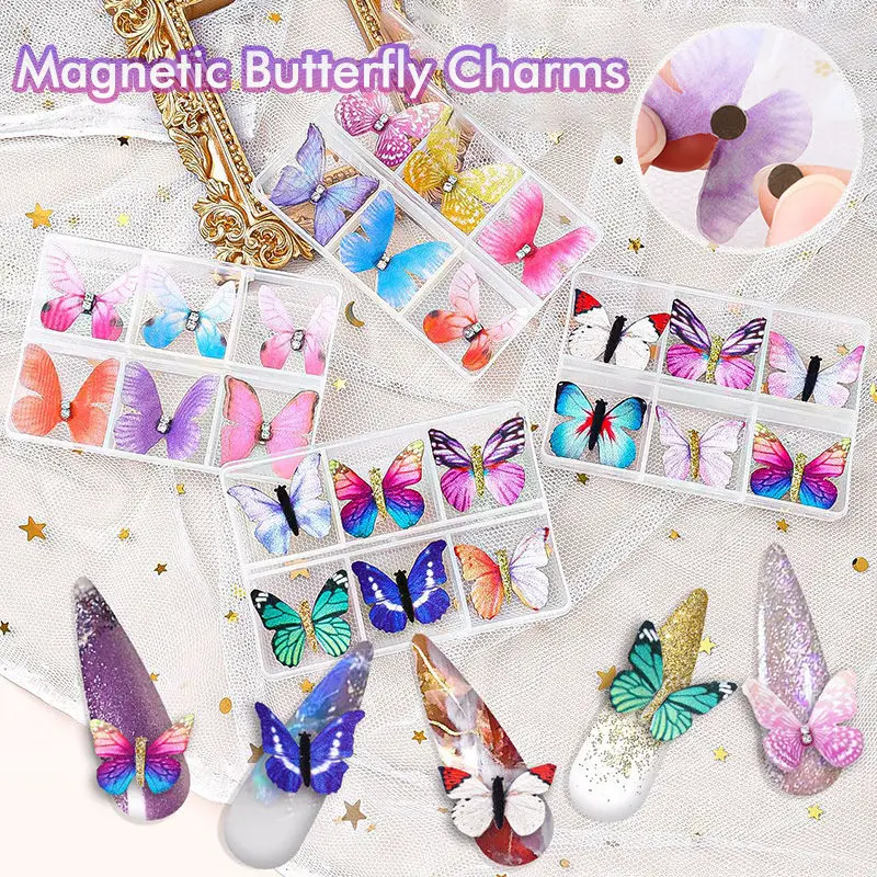 

6 Pcs Butterfly Nail Charms Pompom Magnet Detachable Magnetic Pom Silk Kawaii Design 3D Manicure Decoration Jewels Accessories