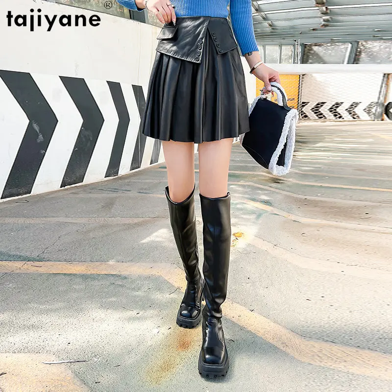 

Женская кожаная юбка Tajiyane, черная плиссированная юбка из натуральной овечьей кожи в Корейском стиле, весна-осень