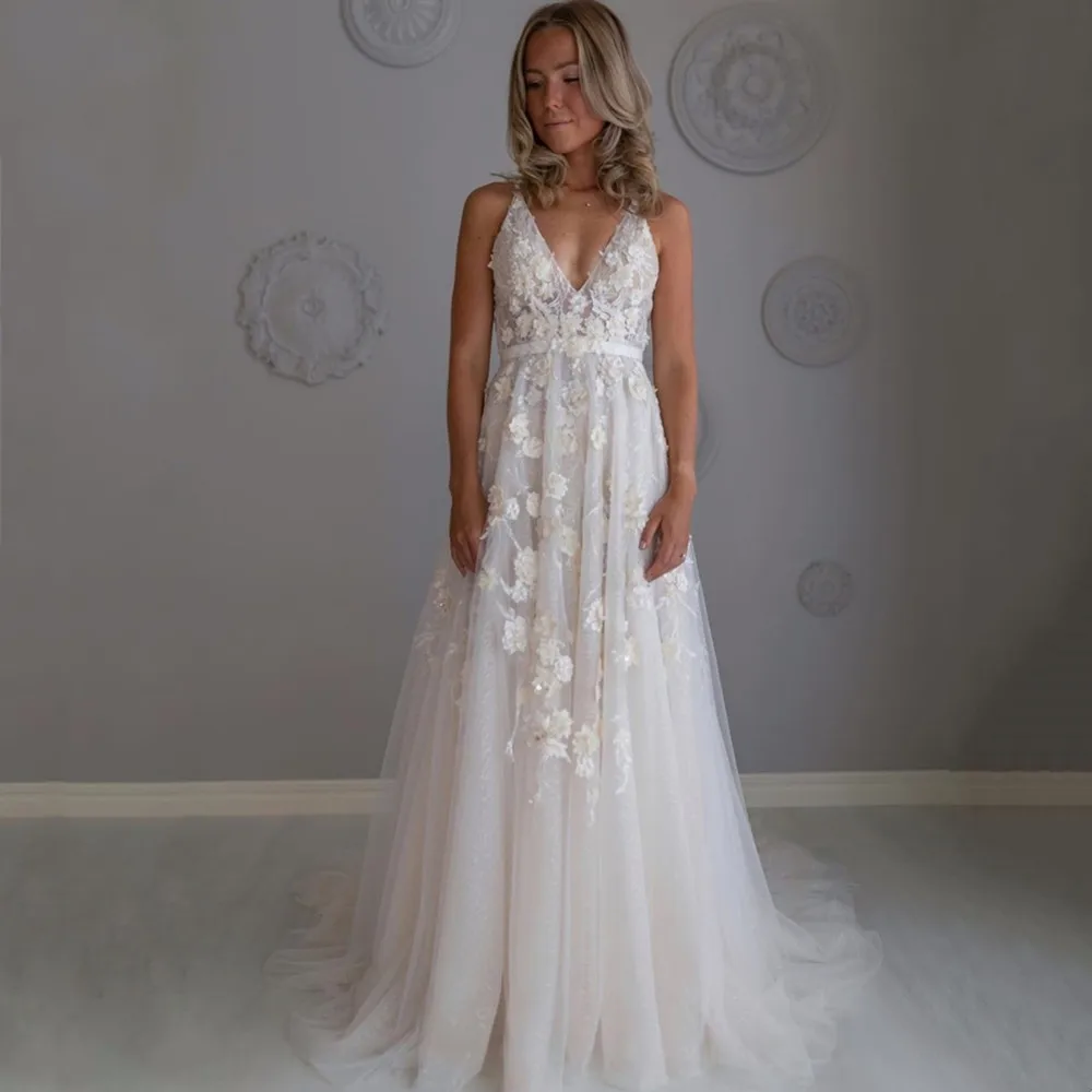 

Boho Sleeveless Tulle Wedding Dress Lace Applique Sequin Backless Beach Bridal Gown A-Line Shining Court Train Vestidos De Novia